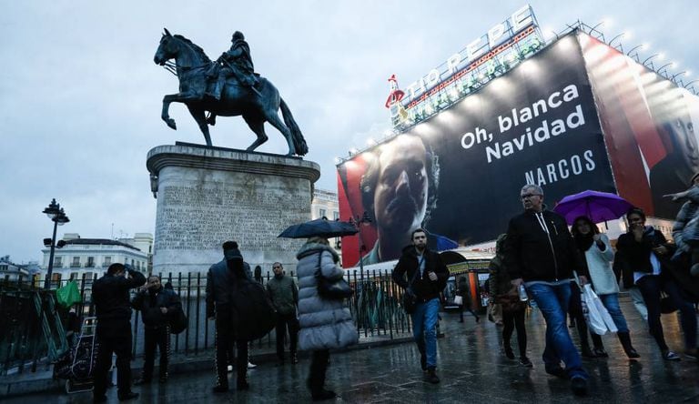 The poster in Madrid's Sol Square that has caused the diplomatic spat.