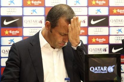 FC Barcelona president Sandro Rosell during Friday&#039;s press conference.  