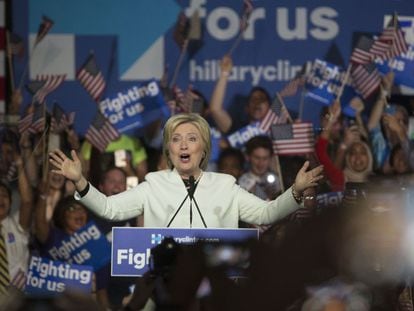 Democratic candidate Hillary Clinton celebrates her Super Tuesday win in Miami.