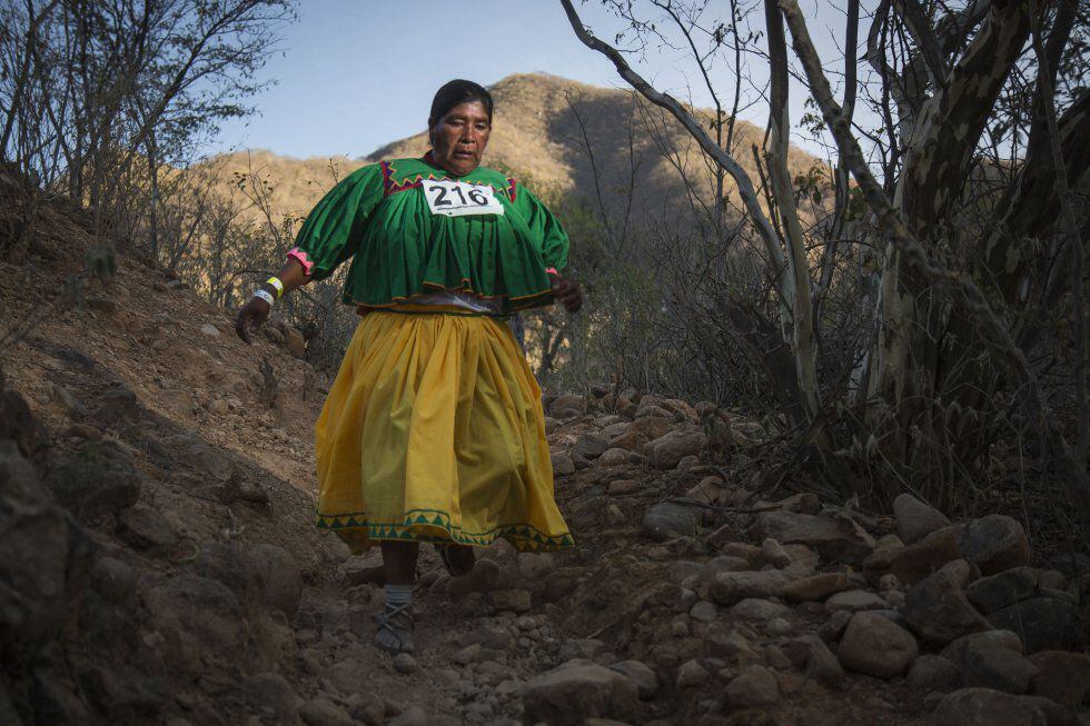 Tarahumara runners wear the traditional clothes from their respective communities. Women usually wear brightly colored skirts and blouses.