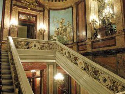 The ornate staircase at the entrance of the Linares Palace, which houses the Casa de América in Madrid.