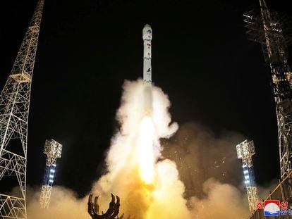 This photo provided by the North Korean government shows what the country said is the launch of the Malligyong-1, a military spy satellite, into orbit on Nov. 21, 2023.