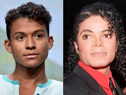 Jaafar Jackson appears during the 'Living with The Jacksons' panel on July 12, 2014, left, and Michael Jackson appears at the American Cinema Award gala in Beverly Hills, Calif., on Jan. 9, 1987.