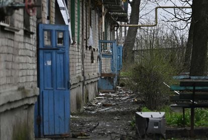 This photograph taken on April 6, 2023, shows a heavily damaged residential building in the town of Chasiv Yar, Donetsk region, amid the Russian invasion of Ukraine