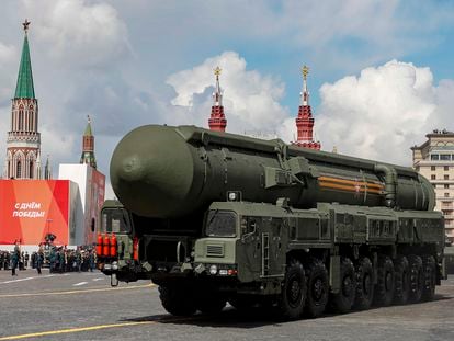 A Russian Yars intercontinental ballistic missile launcher rolls through the Red Square during the Victory Day military parade in Moscow.
