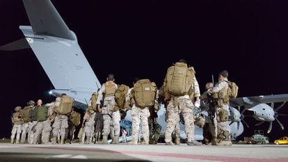 Spanish soldiers leave in the first of two A400M aircraft to assist with the evacuation effort.