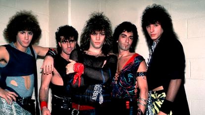 Bon Jovi pictured in 1984, before a concert in Illinois. Left to right: David Bryan (keyboards), Tico Torres (drums), Jon Bon Jovi (vocals), Alec John Such (bass) and Richie Sambora (guitar).