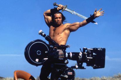 Arnold Schwarzenegger while filming 'Conan the Barbarian' (1982), which took place in various locations around central and southern Spain.