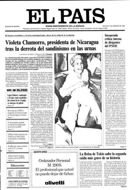 EL PAÍS ran Violeta Chamorro's victory as its lead story on February 27, 1990.