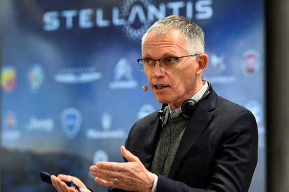 Stellantis CEO Carlos Tavares holds a news conference after meeting with unions, in Turin, Italy, March 31, 2022. 