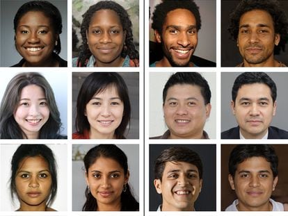 A set of real faces (first and third columns) and synthetic faces (second and fourth columns) matched in terms of age, gender, race and general appearance.