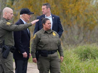 President Joe Biden talks with the U.S. Border Patrol, as he looks over the southern border, Thursday, Feb. 29, 2024, in Brownsville, Texas, along the Rio Grande.