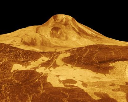 A 3D image of Maat Mons, the biggest volcano on Venus.