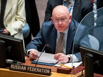 Vassily Nebenzia, permanent representative of Russia to the United Nations, speaks during a meeting of the UN Security Council, March 29, 2022, at United Nations headquarters.