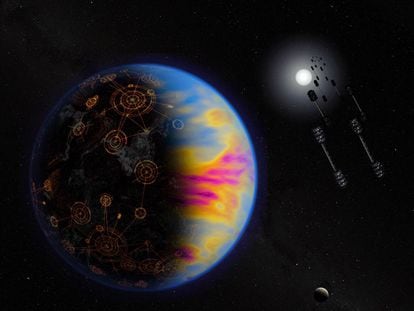 An artist's rendition of a technologically advanced exoplanet. Colors are exaggerated to show industrial pollution.