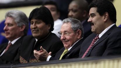 Evo Morales, Raúl Castro and Nicolás Maduro at the ALBA summit.
