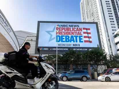A sign announcing the debate is displayed outside the building where the third GOP Presidential Primary will be held in Miami, Florida, USA, November 07  2023.
