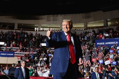 Former U.S. President and Republican presidential candidate Donald Trump gestures as he holds a campaign rally in Erie, Pennsylvania, U.S., July 29, 2023.
