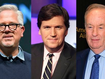 This combination of photos shows former Fox News personalities Glenn Beck, left, Tucker Carlson, center, and Bill O'Reilly. (AP Photo)