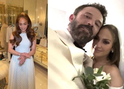 Jennifer Lopez (l) in her wedding dress and (r) with Ben Affleck.
