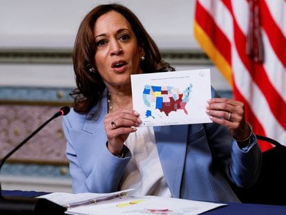 U.S. Vice President Kamala Harris delivers remarks at the first meeting of the interagency Task Force on Reproductive Healthcare Access, in Washington, August 3, 2022.