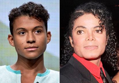 Jaafar Jackson appears during the 'Living with The Jacksons' panel on July 12, 2014, left, and Michael Jackson appears at the American Cinema Award gala in Beverly Hills, Calif., on Jan. 9, 1987.