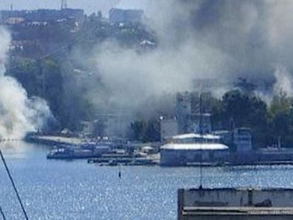 This image taken from UGC video shows smoke rising from the headquarters of Russia’s Black Sea Fleet in Sevastopol, Crimea, Friday September 22, 2023.