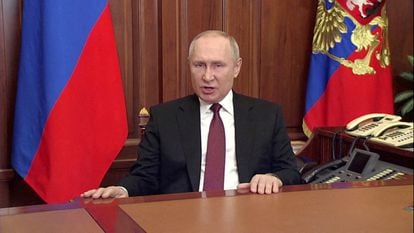 Russian President Vladimir Putin speaks about authorising a special military operation, on February 24.