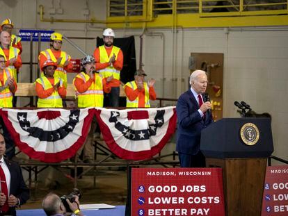 President Joe Biden delivers remarks on his economic agenda at a training center run by Laborers' International Union of North America, Wednesday, Feb. 8, 2023, in Deforest, Wis.