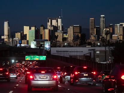 Traffic moves along the 110 Freeway in Los Angeles, Tuesday, Nov. 22, 2022.