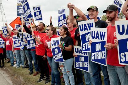 UAW workers at a General Motors factory in Delta Township, Michigan, during the strike, in an image from September.