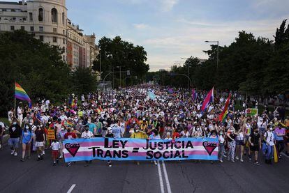 Marchers walking down Paseo del Prado in Madrid. 