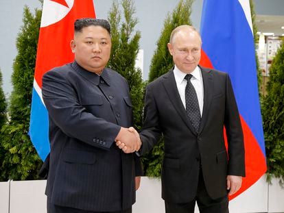 North Korean leader Kim Jong-un and Russian President Vladimir Putin during a meeting in Vladivostok, Russia, on April 25, 2019.