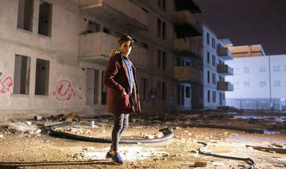 Ayoub outside the derelict building where he lives in Jerez de la Frontera.