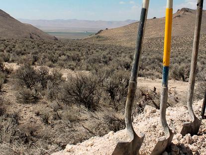 Exploration drilling continues for Permitting Lithium Nevada Corp.'s Thacker Pass Project on the site between Orovada and Kings Valley, in Humboldt county, Nev., shown beyond a driller's shovels in the distance on Sept. 13, 2018.
