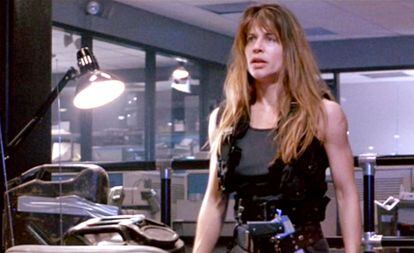 Linda Hamilton in her most iconic role, Sarah Connor in the Terminator franchise.