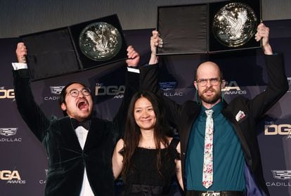 Chlo Zhao (C) poses with Dan Kwan (L) and Daniel Scheinert (R), winners of the Outstanding Directorial Achievement in Theatrical Feature Film award for Everything Everywhere All at Once in the press room during the 75th Directors Guild of America Awards at The Beverly Hilton on February 18, 2023 in Beverly Hills, California.