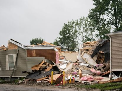 A home is damaged in Newport, Michigan, U.S., on August 25, 2023 after a heavy band of storms hit the region the night before.