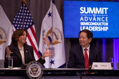 TSMC President Mark Liu with US Vice President Kamala Harris on May 22.