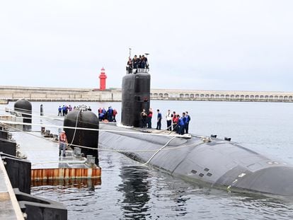 A handout photo made available by the South Korean Defense Ministry shows the U.S. nuclear-powered submarine USS Annapolis arriving at a naval base in Jeju Island, South Korea, on July 24, 2023.