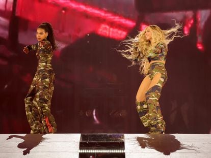 Blue Ive Carter and Beyoncé perform onstage during the "RENAISSANCE WORLD TOUR" at Mercedes-Benz Stadium on August 11, 2023 in Atlanta, Georgia.