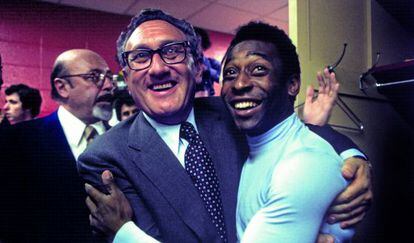Henry Kissinger, an avid soccer fan, led the campaign for Pelé to sign with the New York Cosmos. The two men celebrate in a locker room after a 1977 Cosmos match against Ft. Lauderdale.