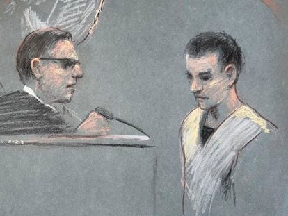 The artist sketch depicts Massachusetts Air National Guardsman Jack Teixeira, right, appearing in U.S. District Court in Boston, April 14, 2023.