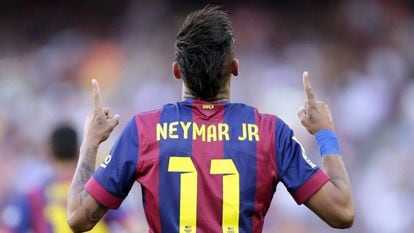 Neymar celebrating one of his 105 goals at Barcelona.