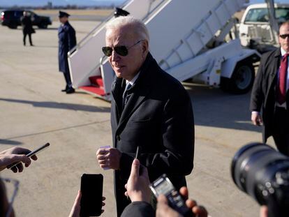 President Joe Biden speaks with members of the press after stepping off Air Force One at Hagerstown Regional Airport in Hagerstown, Md., Saturday, Feb. 4, 2023.