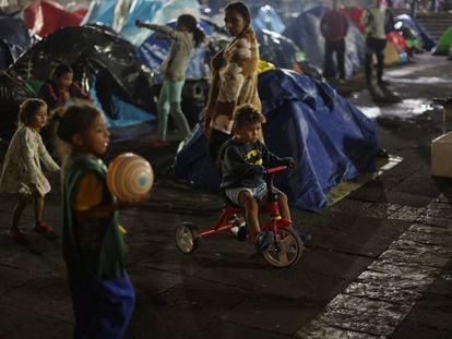 Migrant children from Venezuela as they camp with their families waiting for an appointment through the U.S. Customs and Border Protection app, in Mexico City, Mexico November 23, 2023.