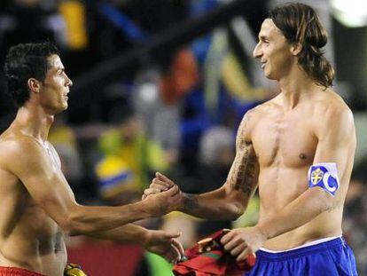 Cristiano Ronaldo and Zlatan Ibrahimovic greet each other after a qualifier for the 2010 World Cup.