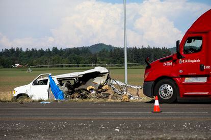 A damaged vehicle sits on the side of the road on Interstate 5, Northbound on Thursday, May 18, 2023, in Marion County, Oregon