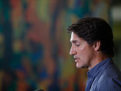 Canada's Prime Minister Justin Trudeau makes comments at an evacuation center providing services for people fleeing the fires near Yellowknife, Northwest Territories, in Edmonton, Alberta, Canada, August 18, 2023.