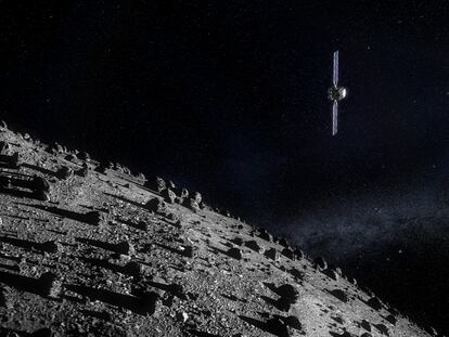 Illustration of a 'Hera' probe approaching the Dimorphos asteroid.